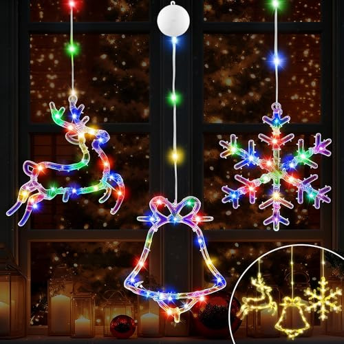3 Stück LED Weihnachts Fensterdeko mit Saugnapf – Rentier, Schneeflocke & Glocke Hängend, Batteriebetrieben mit 8 Modi & Timer, Weihnachtsbeleuchtung Fenster Innen für Tür Wand und Wohnzimmer