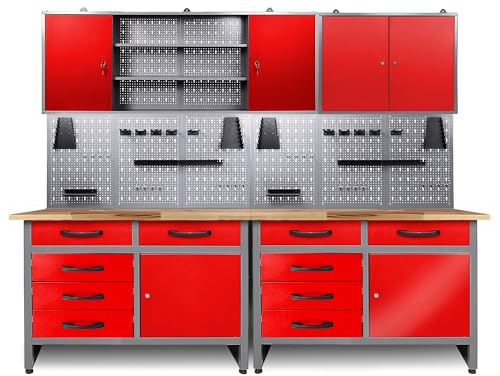 Ondis24 Werkstatt Set Holger 240 cm – Werkbank mit 28 mm Buchenholz + Metallschränke, Lochwand & Haken-Sets – komplette Werkstatteinrichtung