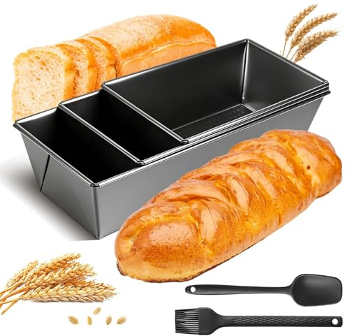 Banana Bread Loaf Tin Set of 3, Non Stick Carbon Steel Bread Pans with Silicone Spatula and Brush, Cookware for Baking Banana Bread, Homemade Cakes Sandwich