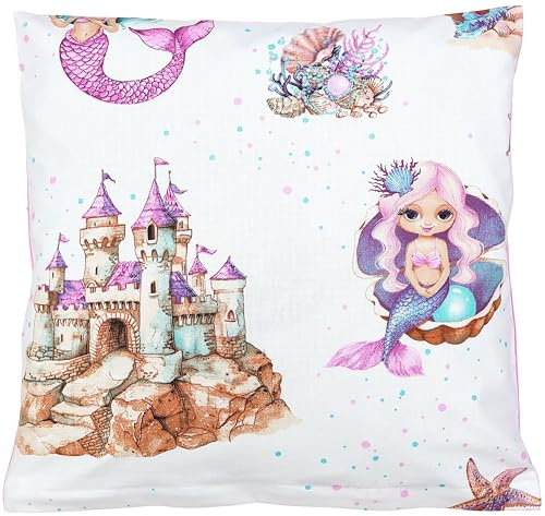 TupTam Kinder Kissenhülle Kissenbezug Dekorativ Gemustert Kinderzimmer, Farbe: Kleine Meerjungfrauen mit Schloss/Rosa, Größe: 80 x 80 cm