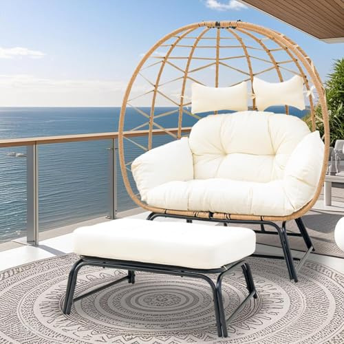 Nevsokio Doppel-Eiersessel mit Hocker, Indoor & Outdoor Lounge Sessel mit dickem Kissen Bis 300 kg Belastbarkeit, Übergroßer Rattan-Hängesessel mit Standfuß für Terrasse, Balkon & Garten (Gelb)