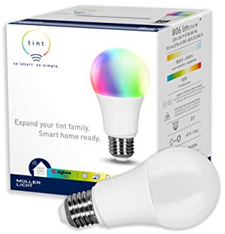 tint Smarte LED-Birne E27 – Steuerbar per Alexa, Fernbedienung oder App – Dimmbare E27 Glühbirne mit weißem und farbigem Licht RGB, 9,5 W