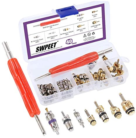 Swpeet - Kit de 40 piezas de válvulas de aire acondicionado, núcleo de válvula de neumático de refrigeración A/C R12 R134a con herramienta de extracción para la mayoría de los coches