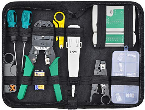 Network Cable Repair Tool Kit, COVVY 12 in 1 Cat5 Cat6 Cable Tester Maintenance Tool Kit, RJ45 Cable Crimper, 8P8C RJ45 Connectors, Cable Tester, Screwdrivers, Stripping Pliers Set