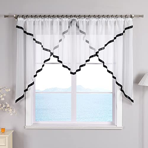 ESLIR Scheibengardine mit Kräuselband Gardinen Küche Bistrogardinen Transparent Stores Vorhänge Mit Satinband Voile Schwarz HxB 120x300cm 1 Stück