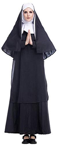 EMIN Damen Nonnen Kostüm Kleid und Kopfbedeckung Damen Nonne Klosterfrau Kostüm Faschingskostüme Cosplay Halloween Party Karneval Fastnacht Kleid für Erwachsene Jesus Christus Missionar Pastor Uniform