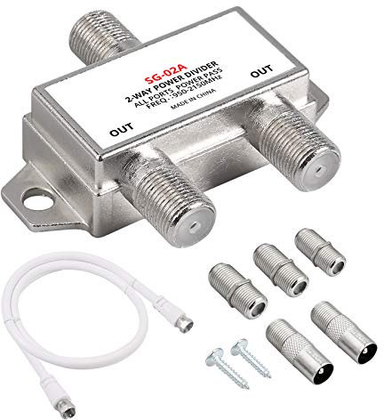 Justech Mini 2-Fach Verteiler SAT Splitter TV Radio F-Stecker Adapter 950~2150 MHz Antennen Metall TV-Verteiler Adapter mit 0.5m Kabel + 2X F Stecker auf Koax Stecker + 3X F Buchse auf Koax Kupplung