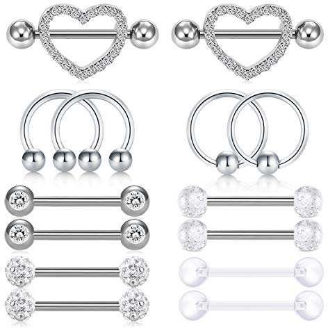 Rajnard Zungenpiercing Silber 14pcs 14G Chirurgischer Stahl und Acryl mit Zirkonia Herz Ring Kette Barbells Piercing Schmuck