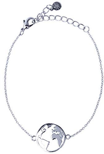 VIASOUL® Armband Weltkarte I Weltkugel für Damen I Mit 585er Gold überzogen I Die Original Welt Kette (Silber)