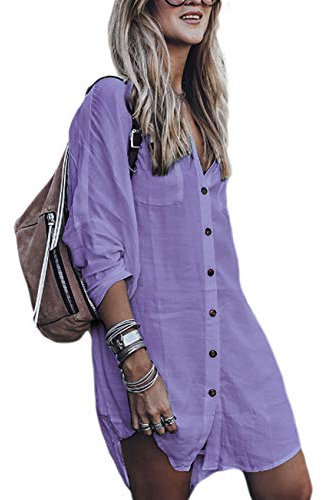Bsubseach Robe de Plage Chemise Tunique À Manches Longues pour Femme Chemisiers Chic Elegant Cache-Maillots Et Sarongs Poncho Cardigan Kimono Boheme Caftan Blouse Pareo Femme Plage Violet