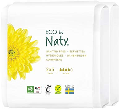 Eco by Naty Damenbinden Super – Pflanzliche und saugfähige Bio-Hygienebinden mit Flügeln, Menstruationsprodukt aus Bio-Baumwolle, Besser für die weibliche Gesundheit (2 x 5 Stück)