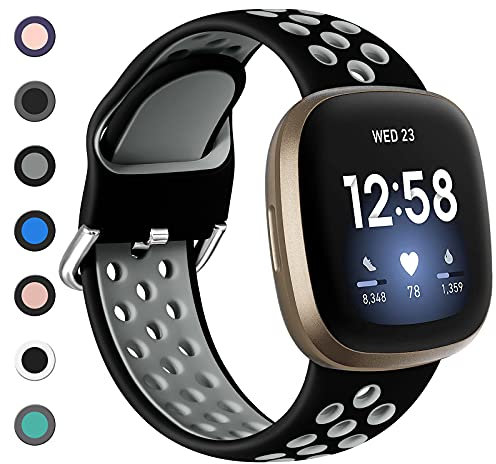 Dirrelo Kompatibel mit Fitbit Versa 4 Armband/Fitbit Versa 3 Armband/Fitbit Sense Armband/Fitbit Sense 2 Armband Damen Herren, Sport Silikon Atmungsaktiv Ersatzarmband Uhrenarmband, S Schwarz/Grau