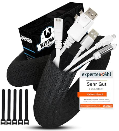 Wertmann gewebter Kabelschlauch schwarz [3m] inkl Klettkabelbinder - Durchmesser [24-32mm] passt Sich an - als TV Kabelkanal schwarz oder für den PC als Kabelkanal Schreibtisch