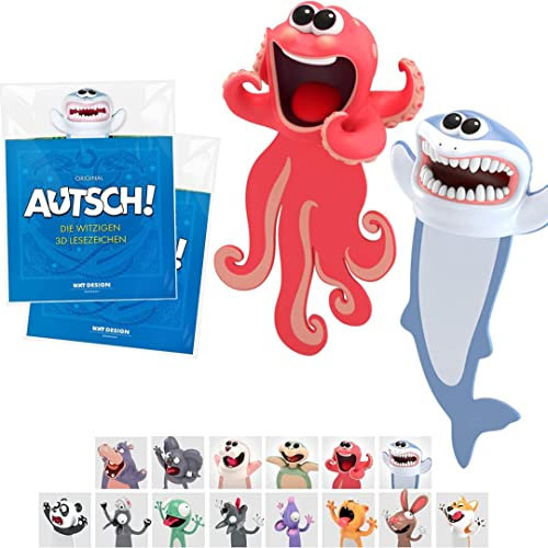 KXT Witzige 3D Lesezeichen - Original AUTSCH! Cartoon Tiere - Lustiges Geschenk für Kinder und Erwachsene (Hai und Krake)