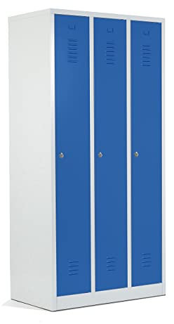 Schrank & Stuhl Spind – Metallspind mit 3 Abteilen in 180 x 90 x 50 cm, Schließfachschrank mit Hutboden & Drehriegelverschlüssen, Lieferung komplett montiert, Grau/Blau