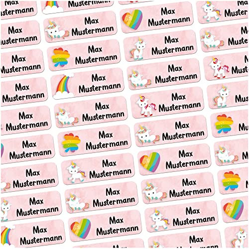 60 Stück personalisierte Namensaufkleber für Schulsache. Für Kinder Schule und Kindergarten zum Markieren von Gegenständen (Einhorn) Maße 4,8x1,6cm