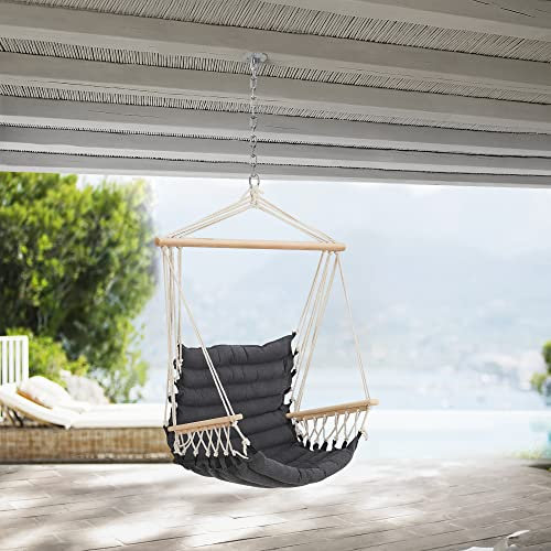 [en.casa] Fauteuil Suspendu Solide Chaise de Hamac pour Intérieur Extérieur Siège avec Accoudoirs Jusqu'à 100 kg Polyester Coton Bois Massif 50 x 55 x 45 cm Gris Foncé
