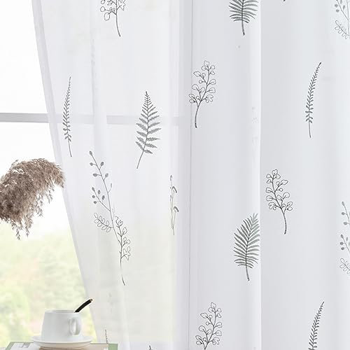 Lazzzy White Sheer Curtains Leaf Embroidered Pattern Sheer Drapes 84 Inch Length 2 Panels Farmhouse Country Floral Curtains for Living Room Bedroom Sliding Door Rod Pocket Sage on White