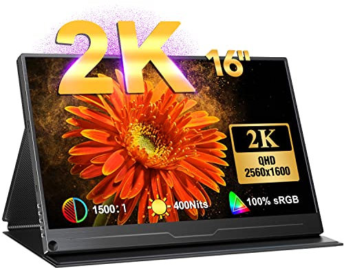 EVICIV Monitor Portable 16 Zoll 2K, Tragbarer Display 2560 * 1600 IPS Screen 1500:1 Kontrast HDMI Dual USB C 400 Nits 100% sRGB Externer Mobiler Bildschirm für PC Handy PS3/4/5 Xbox Raspberry Pi