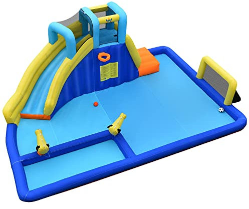RELAX4LIFE Castello Gonfiabile, 526x373x205CM, con Piscina con 2 Cannoni ad Acqua, Scivolo, Parete da Arrampicata, Porta da Calcio, Canestro, Pallacanestro e Calcio (Senza soffiatore)