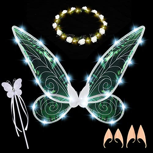 Hysagtek LED Feenflügel Leuchtende, Fee Flügel Cosplay Kostüm Zubehör für Mädchen Frauen Kinder, mit LED Fee Stirnband und Fee Zauberstab, für Halloween, Karneval, Party, Geburtstagsparty