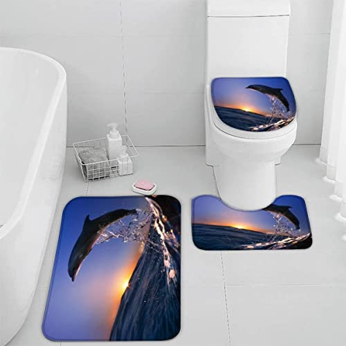 TiaoTian Badematten Set 3 teilig 50x80 Delphin Ozean Badezimmerteppich Set 3D WC Vorleger Set rutschfeste Badematte Maschinenwaschbar Tiere Sonnenuntergang Badteppich Set für Badezimmer badvorleger