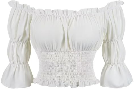 jutrisujo Womens Renaissance Top Medieval Short Sleeve Off The Shoulder Pirate Shirt Gothic Peasant Blouse Smocked Boho White M