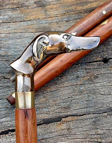 Antique Solid Brass Dog Style Head Handle Vintage Wooden Walking Stick Handmade Cane