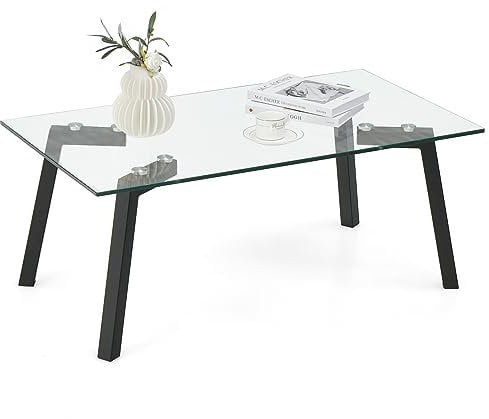 COSTWAY Tempered Glass Coffee Table, Rectangular Cocktail Snack Tea Table with Metal Legs and Anti-slip Foot Pads, Modern Accent Sofa Side End Table for Living Room, Bedroom and Office