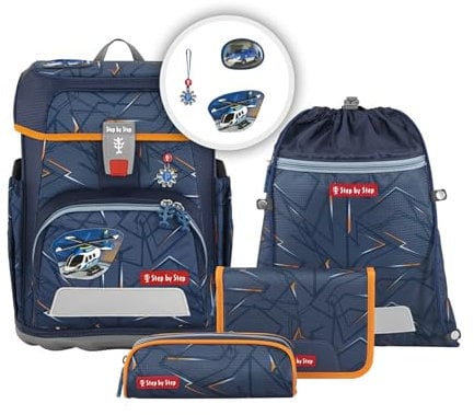 Step by Step Schulranzen-Set Cloud Helicopter Sam, 5-teilig, grau, Polizei-Design, ergonomischer Tornister mit Reflektoren, höhenverstellbar mit Hüftgurt, ab der 1. bis 4. Klasse, 19l