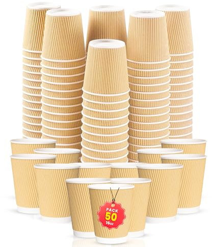 CHEF ROYALE 50x 8oz Disposable Kraft Ripple Paper Hot Coffee Cups - Paper Cups for Hot and Cold Drinks - Insulated Takeaway Coffee Cups for Eco-Friendly Hot Cups Wedding Birthday Party (50, 8oz)