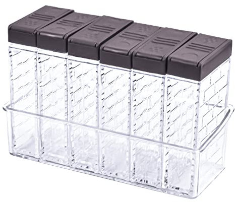 Lot de 6 Boîtes Épices en Plastique, Pots à Épices Transparent avec Plateau Boîtes Épices Cuisine pour Rangement Épices, Distributeur de Condiments Bocaux à Épices pour Restaurants Cuisines Camping
