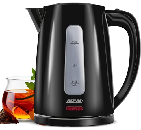 MPM - MCZ112 - Elektrischer Wasserkocher - 1,7 L Kessel - aus Kunststoff/Plastik - mit Wasserstandanzeige und automatischer Abschaltung - Automatische Deckel - Kabellos - Elektrisch - Rund - Schwarz