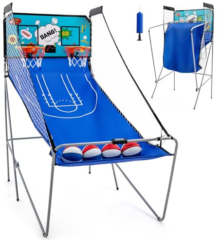 LIFEZEAL Elektrischer Basketballautomat, Baskeltballständer klappbar mit 4 Bällen & Luftpumpe, Arcade Automat mit 8 Spielmodi, Basketball Automat für 2 Spieler, Sport für drinnen & draußen (Grün)