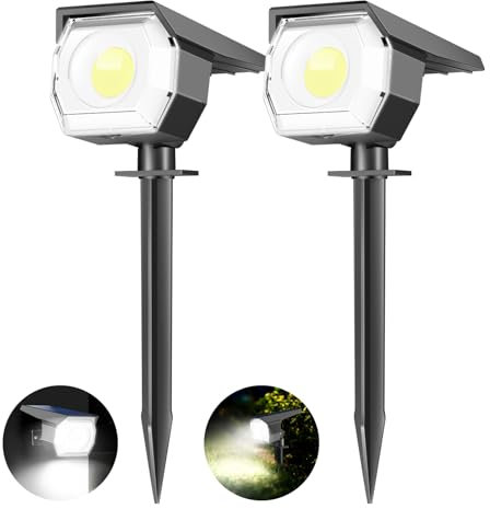 Lot de 2 Lampe Solaire Exterieur, 3 Modes Spot Solaire Exterieur Jardin, Fonction 2 en 1 et IP67 Étanche, 800lm 6000K Super Brillante lumiere solaire Pour Arbre, Cour, Allée, Chemin, Blanc Froid