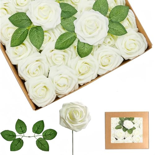 25Pcs Roses Artificielles Blanches,En Mousse Faux Roses Avec Tiges, Rose Artificielles Cimetiere,De Faux Ivoire Rose pour Deco Mariage,Décoration d'anniversaire, Saint Valentin,Décoration de Gâteau
