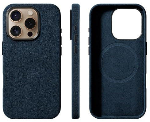 Alcantara Suede Case for iPhone 16 Pro Max/16 Pro/16 Plus/16, Compatible with MagSafe Genuine Italian Suede Leather Handmade Ultra Slim Anti-Slip Anti-Scratch (Blue, 16 Pro)