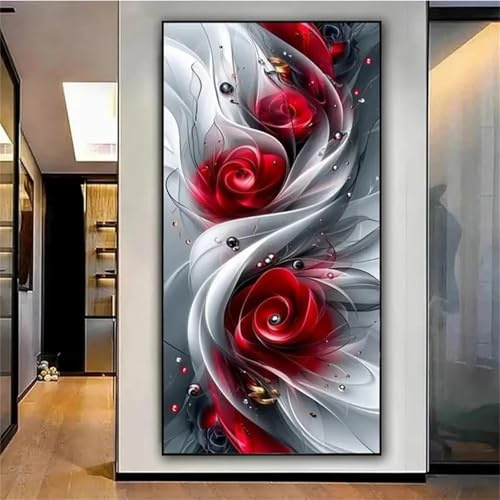 Xinyuer 5D Diamond Painting Adulte Grand Format Rose Rouge, Peinture Diamant Adulte XXL, DIY Diamant Strass Point de Croix Cristal Painting pour Murale Décoration, Square Drill 40x80cm