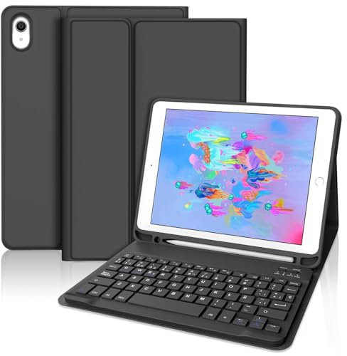 WINCHKING Funda para iPad de 6. generación con Teclado - Teclado para iPad de 6./5. generación 2018/2017, Teclado QWERTZ inalámbrico Desmontable, Negro