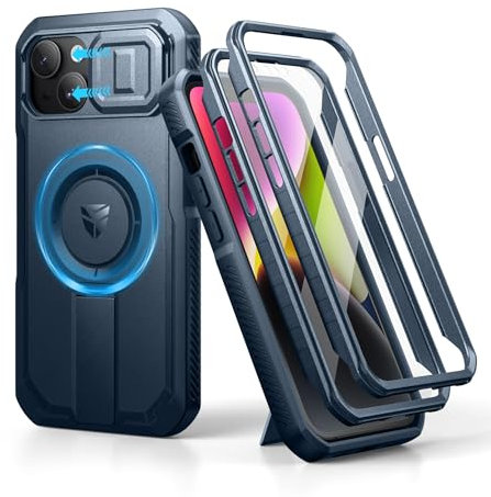 Dexnor Magnetica Cover Compatibile con iPhone 13/14 con Copertura Della Fotocamera Scorrevole & Cavalletto Regolabile & Protezione Dello Schermo Integrata, Robuste Antiurto Custodie - Blu Marino