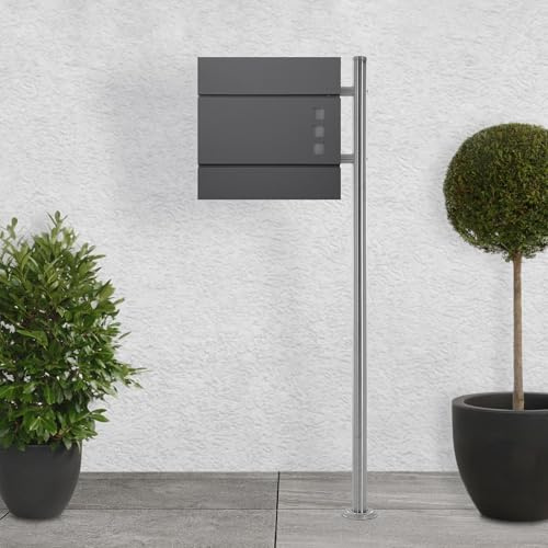 ECD Germany Standbriefkasten mit Zeitungsfach, Design Briefkasten mit Pfosten, Briefkastenanlage Briefkastenständer Silber 120cm Edelstahl, Postkasten Anthrazit 37x10,5x36,5cm Stahl pulverbeschichtet