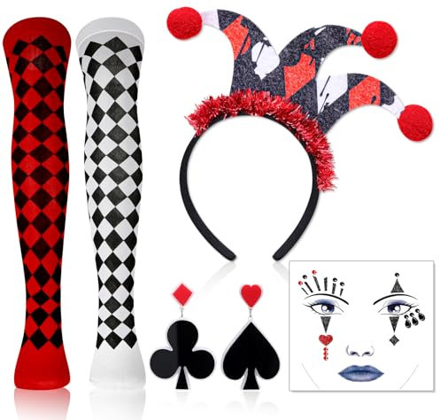 DPKOW Herzkönigin Kostüm Damen Accessoires, Herzkönigin Haarreif Strumpfhose Spielkarten Ohrringe Gesichtstattoo Karneval Faschingskostüme Damen Narrenkappe Karneval Haarreif Clown Karneval Schminke