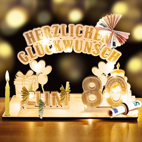 80. Geburtstag Geschenk Mit LED Lichterkette - Geldgeschenke Holz Für Mann Und Frau - Geschenkideen Zum Herzlichen Glückwunsch