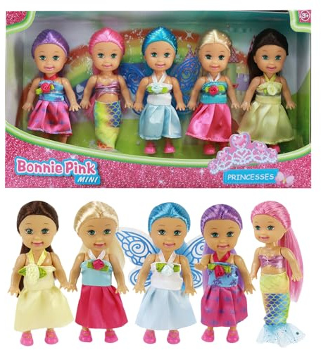 5-Pack Mini Dolls Gift Set - Princess, Fairy, and Mermaid Dolls with Styling Hair, Removable Outfits, Shoes & Accessories for Imaginative Play - Gift for Kids, Birthdays, and Christmas - 3.5inch/9cm