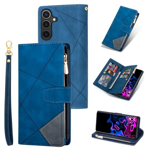 UEEBAI Hülle für Samsung Galaxy S24/S25 5G, Reißverschluss Handyhülle Leder Silikon Klapphülle mit 9 Kartenfächer Standfunktion Geldbörse Trageband Schutzhülle Wallet Case, Blau Raute
