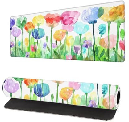 Gaming Mauspad Weiß XXL 600x300x3mm, Blume Mousepad groß Schreibtischunterlage, Mouse Pad mit Vernähte Kanten, WassXerdicht Anti-Rutsch Mousepad Desk Pad, Verbessert Präzision und Geschwindigkei F-6