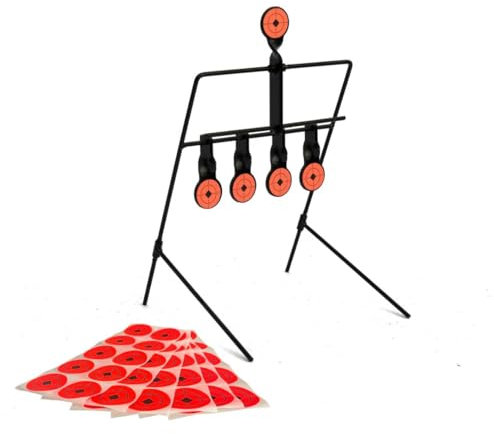 Support de tir avec 5 cibles en acier - Compatible avec pistolets et fusils à air comprimé et CO2 (4,5 mm & 5,5 mm) - Jusqu'à 20J - Autoreset - Pliable et Transportable - Comprend 60 autocollants de