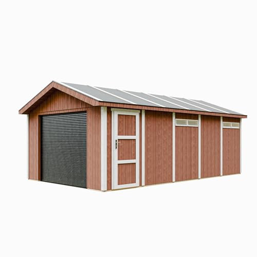 Garage Qualité Premium 21 m²- L378xl648 cm- Garage pour Auto, Moto, vélos, Machines de Jardinage- Construction en Panneaux LP Smartside - Timbela M992B-REDWOOD Red