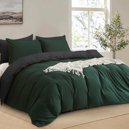 Boqingzhu Baumwolle Bettwäsche 200x200cm Grün Dunkelgrün Grau Doppelbett Weich Renforce Wende Baumwollbettwäsche Bettbezug 200x200cm und 2 Kissenbezüge 80x80cm mit Reißverschluss