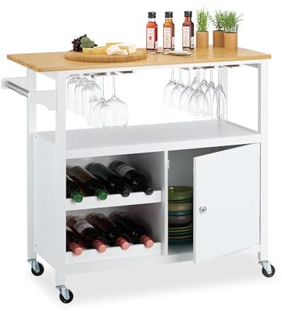 Relaxdays Carrito Auxiliar de Cocina, Botellero, Portacopas, con Puerta, Toallero, 83x92x40 cm, Bambú, Blanco/Natural